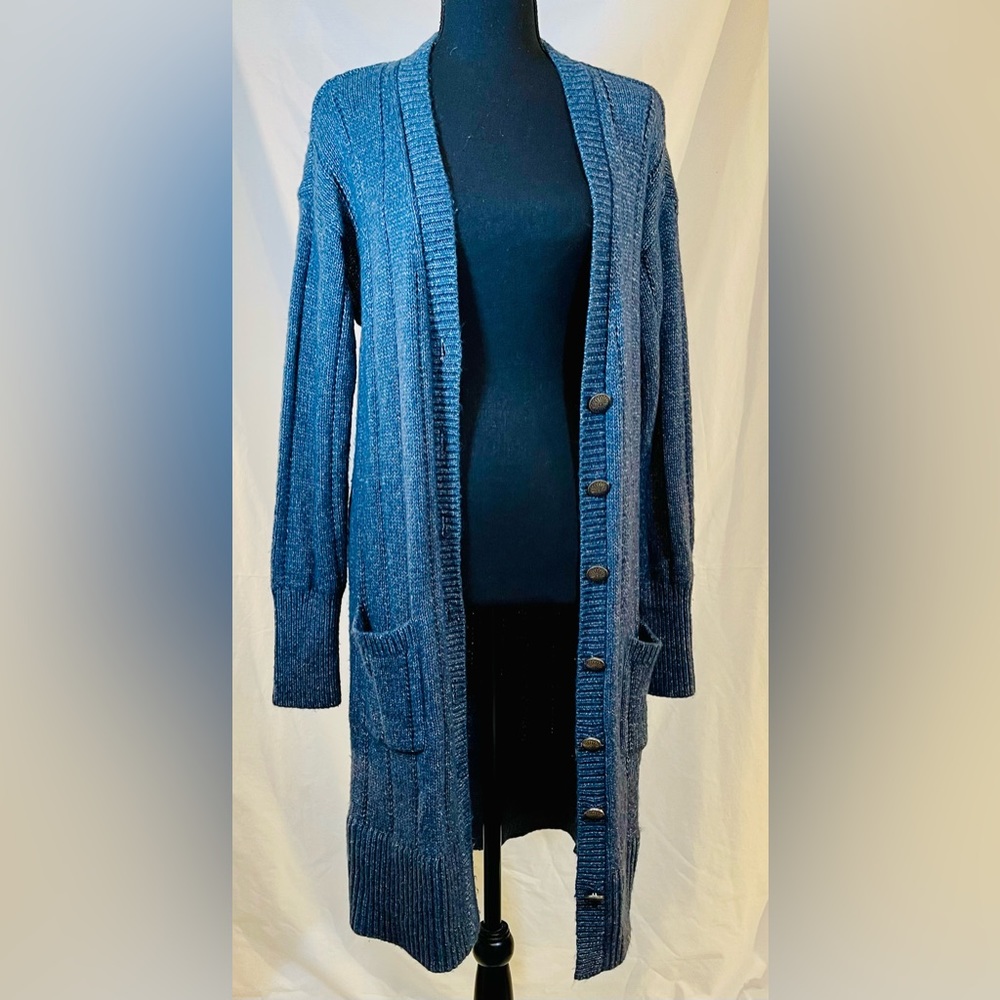 CLEO + WOLF WOMEN'S MARLED CARDIGAN BLUE WITH SILVER BUTTONS LONG SWEATER